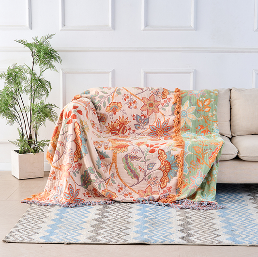 The Primevory™ Rustic Floral Tassel Throw| 100% Breathable Cotton | Boho Vintage Style